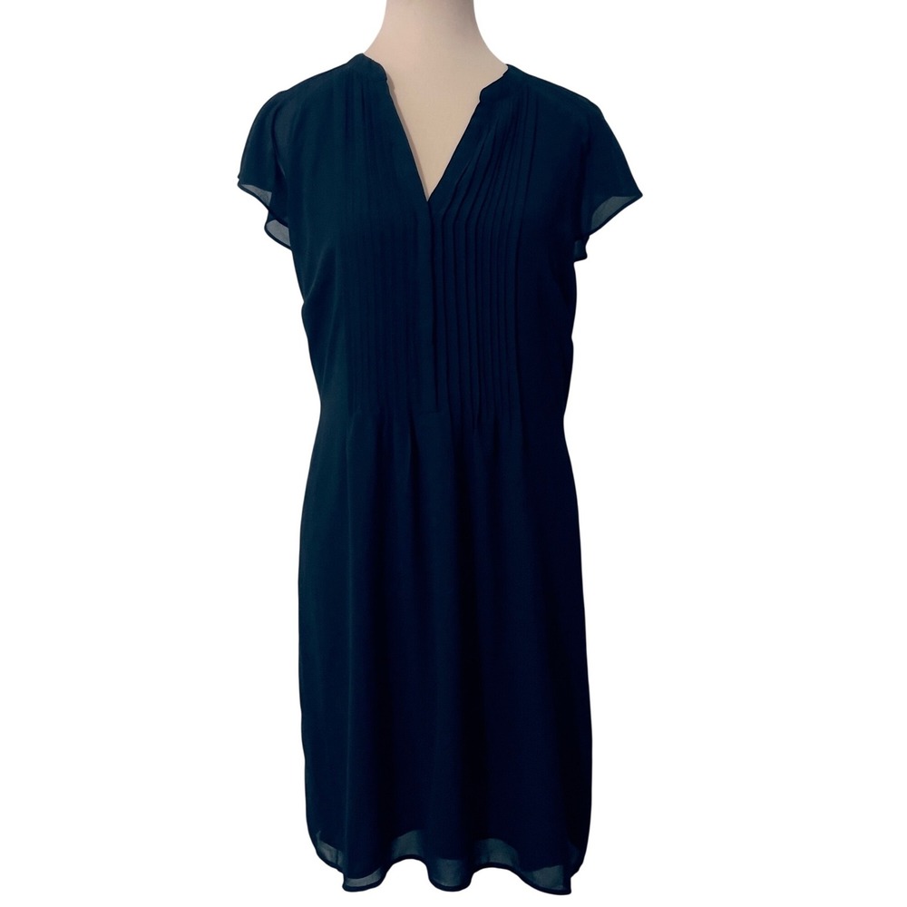 H&M Women Black Pleated Chiffon Flutter Sleeve Dress Size 8 Minimalist Classic